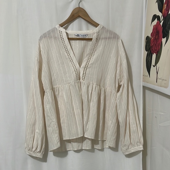 Zara Tops - Zara Cream Pink Glitter Pin Striped Top